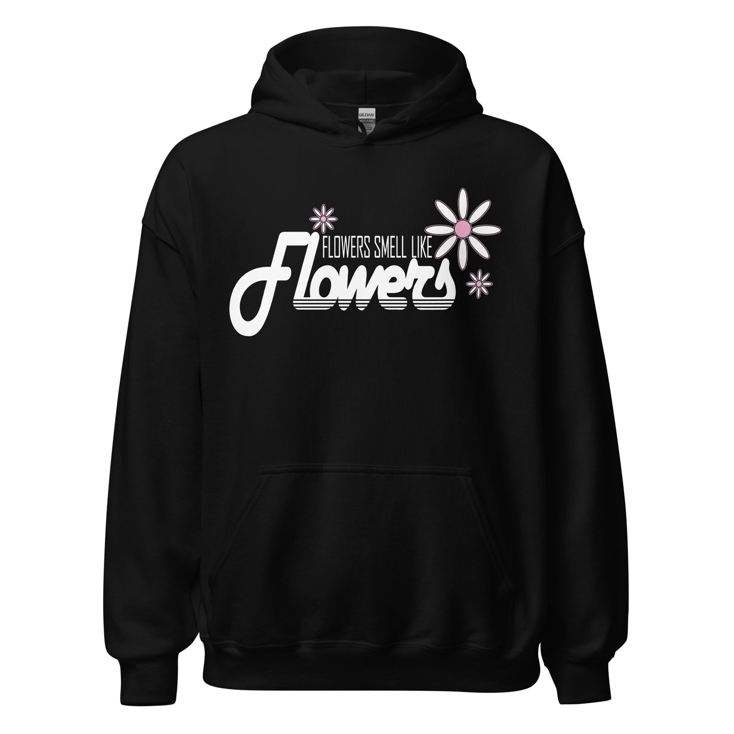 Retro-style white text reading ‘Flowers smell like Flowers’ with pink-centered flower design, printed on black hoodie