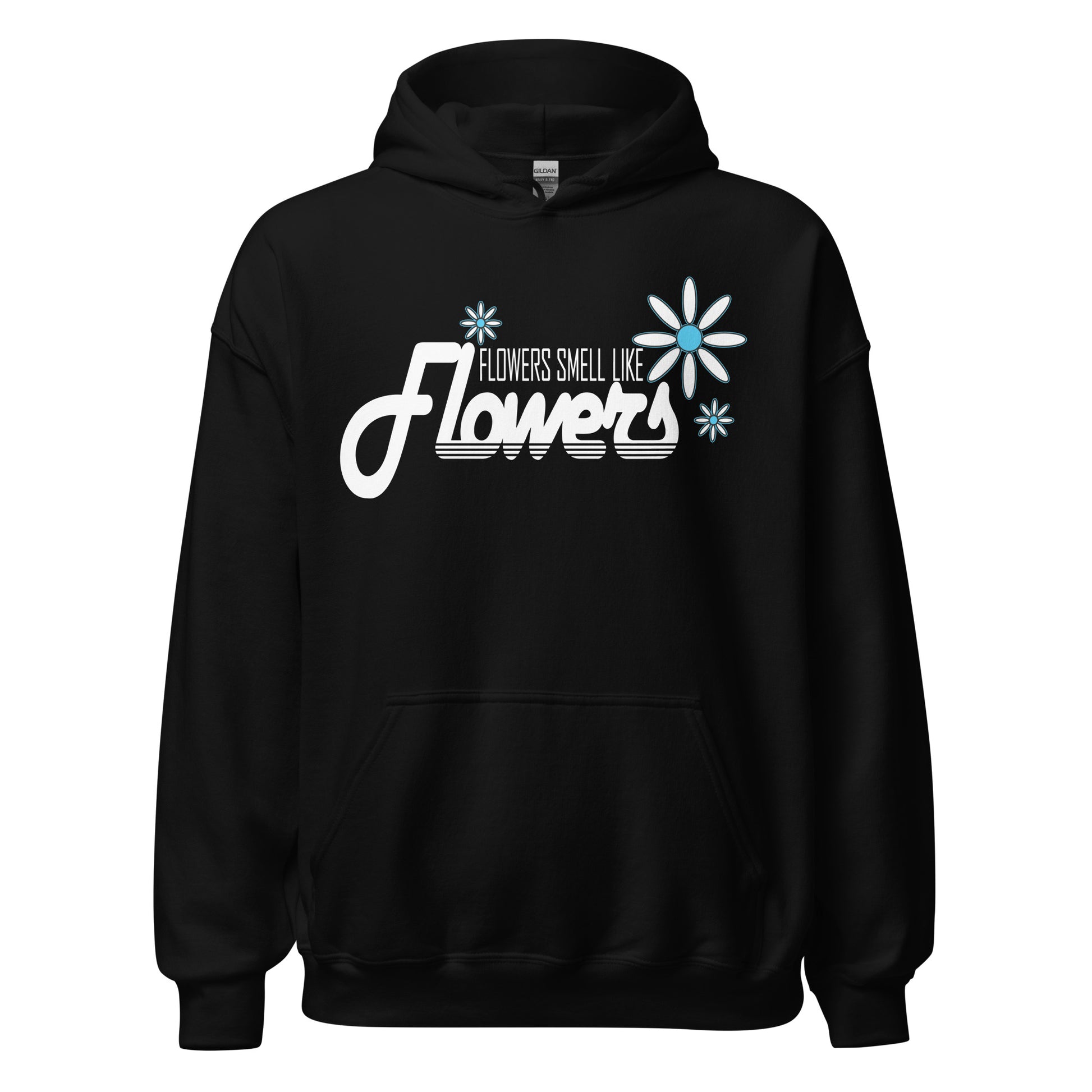 Retro-style white text with blue-centered flower graphic on blback hoodie