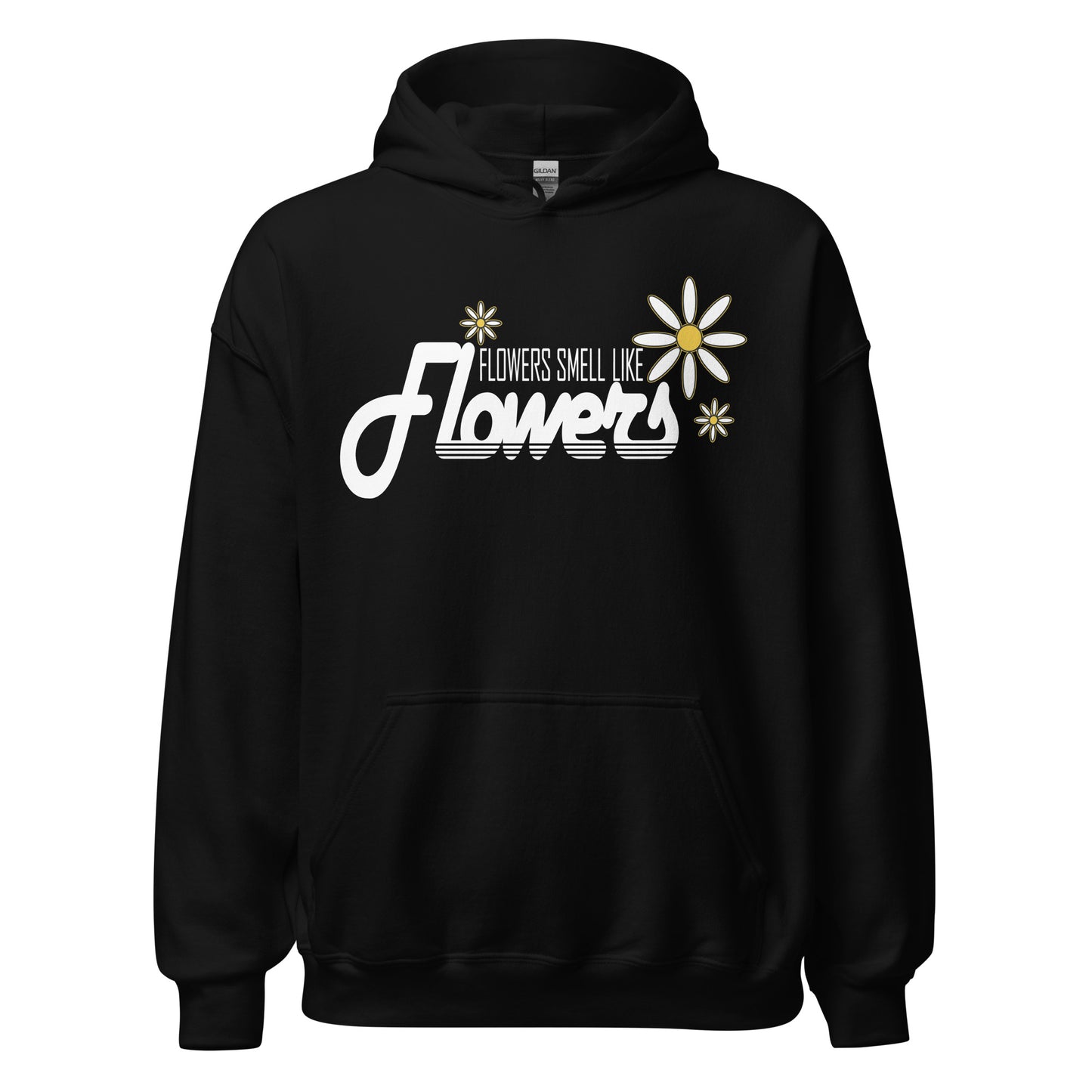 Retro-style white text with yellow-centered flower graphic on black hoodie