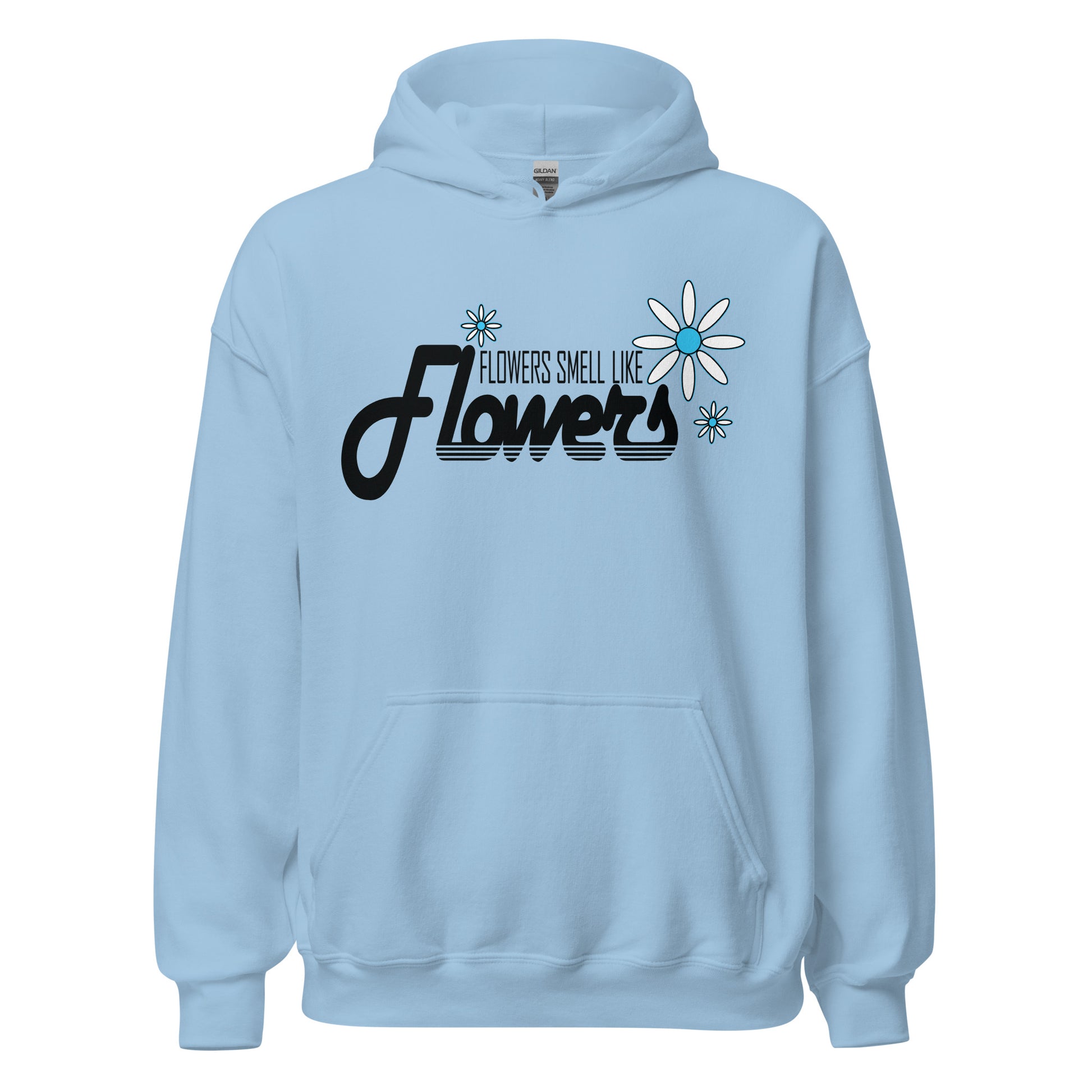Retro-style black text with blue-centered flower graphic on pastel blue hoodie
