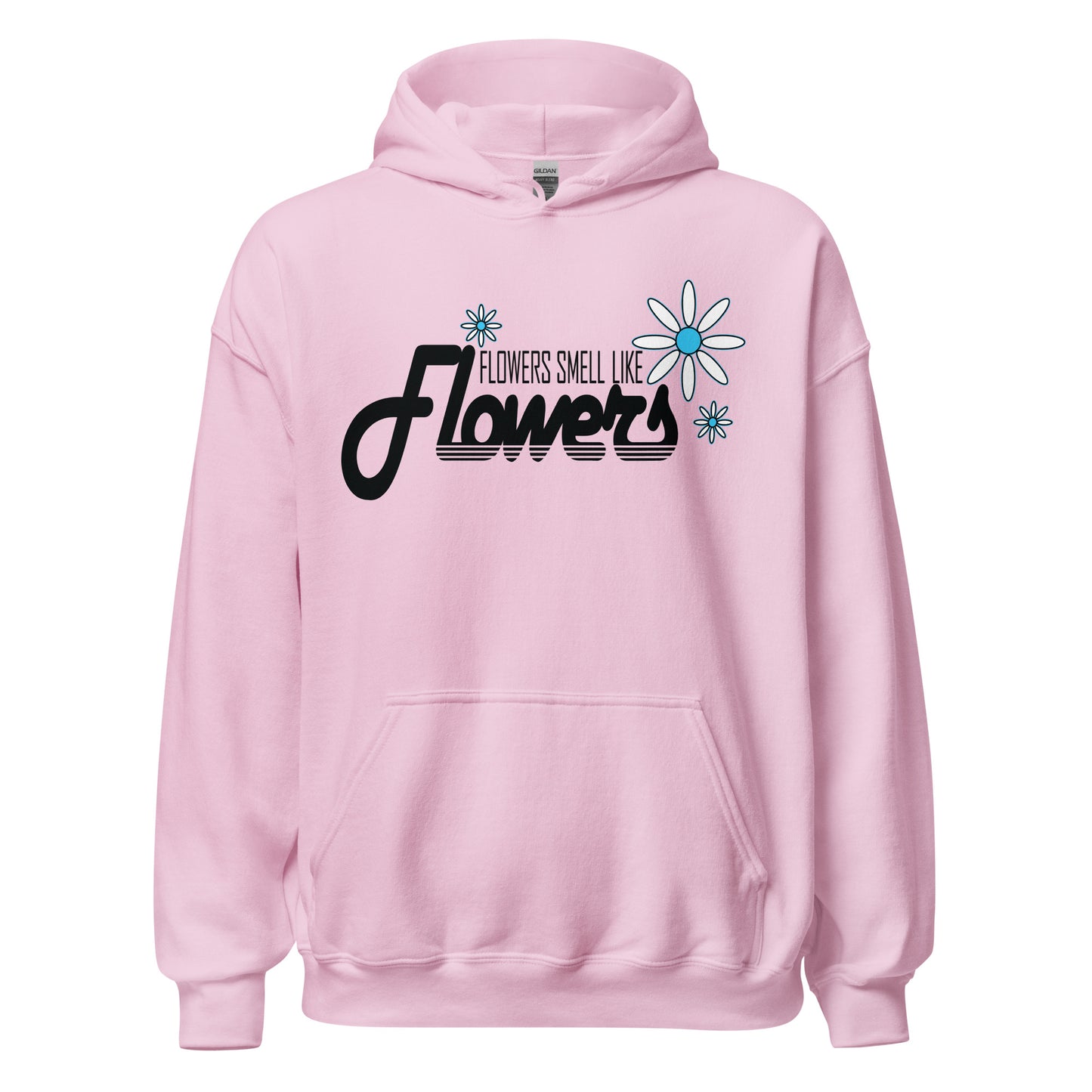 Retro-style black text with blue-centered flower graphic on pastel pink hoodie