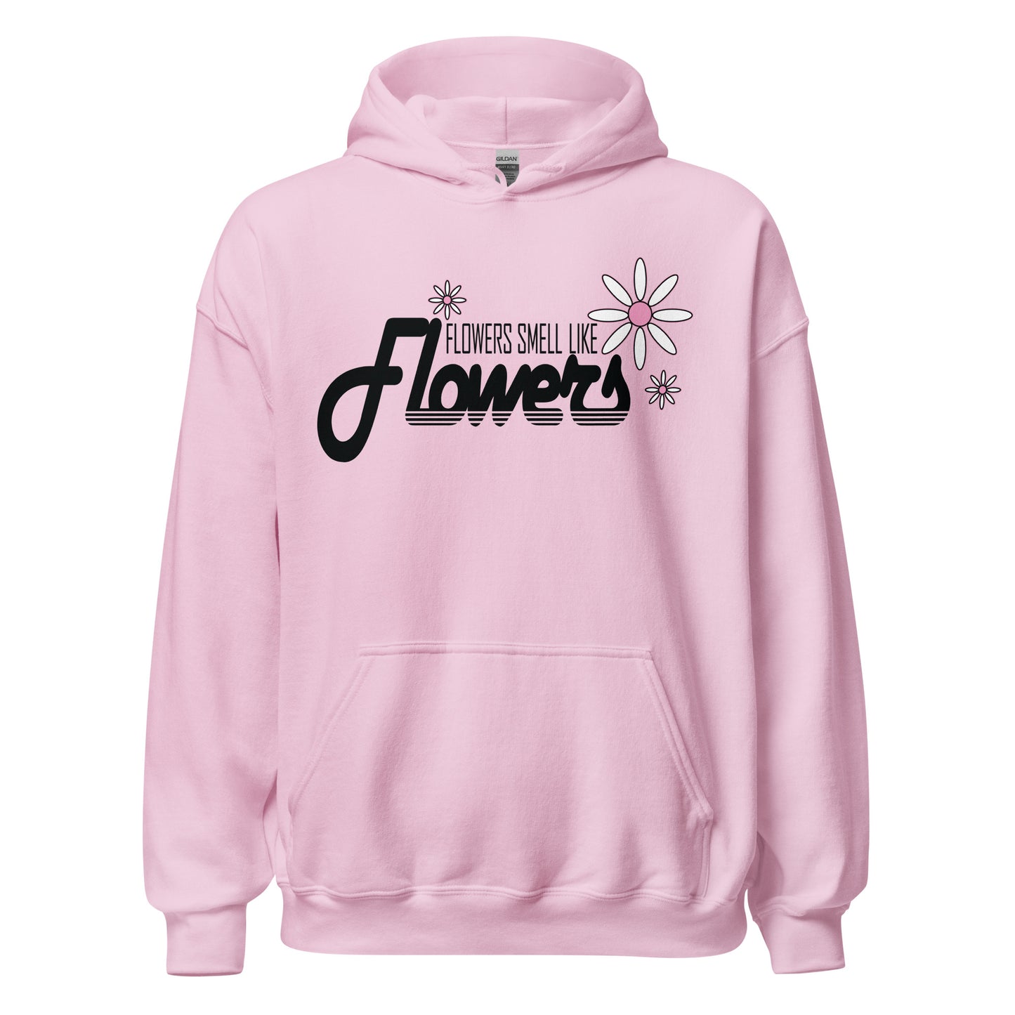Retro-style black text reading ‘Flowers smell like Flowers’ with pink-centered flower design, printed on pastel pink hoodie
