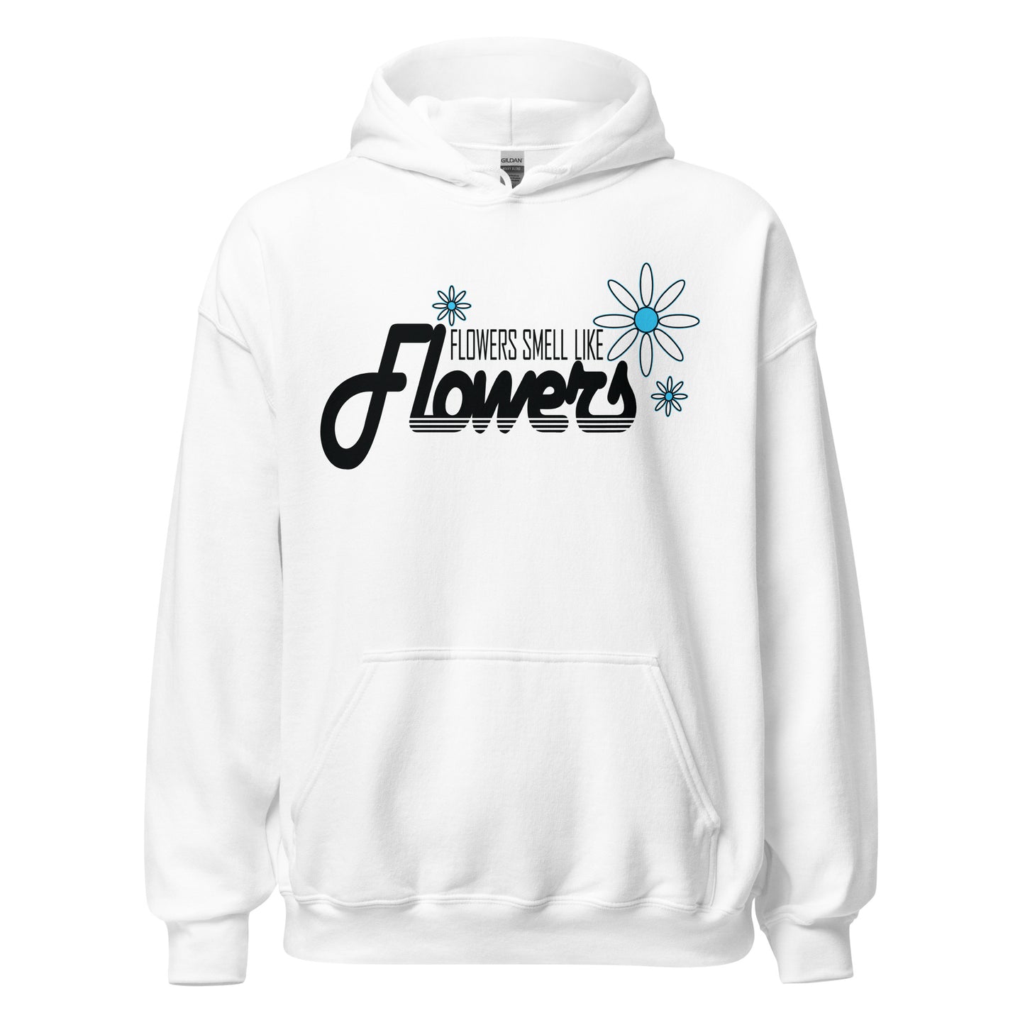 Retro-style black text with blue-centered flower graphic on white hoodie
