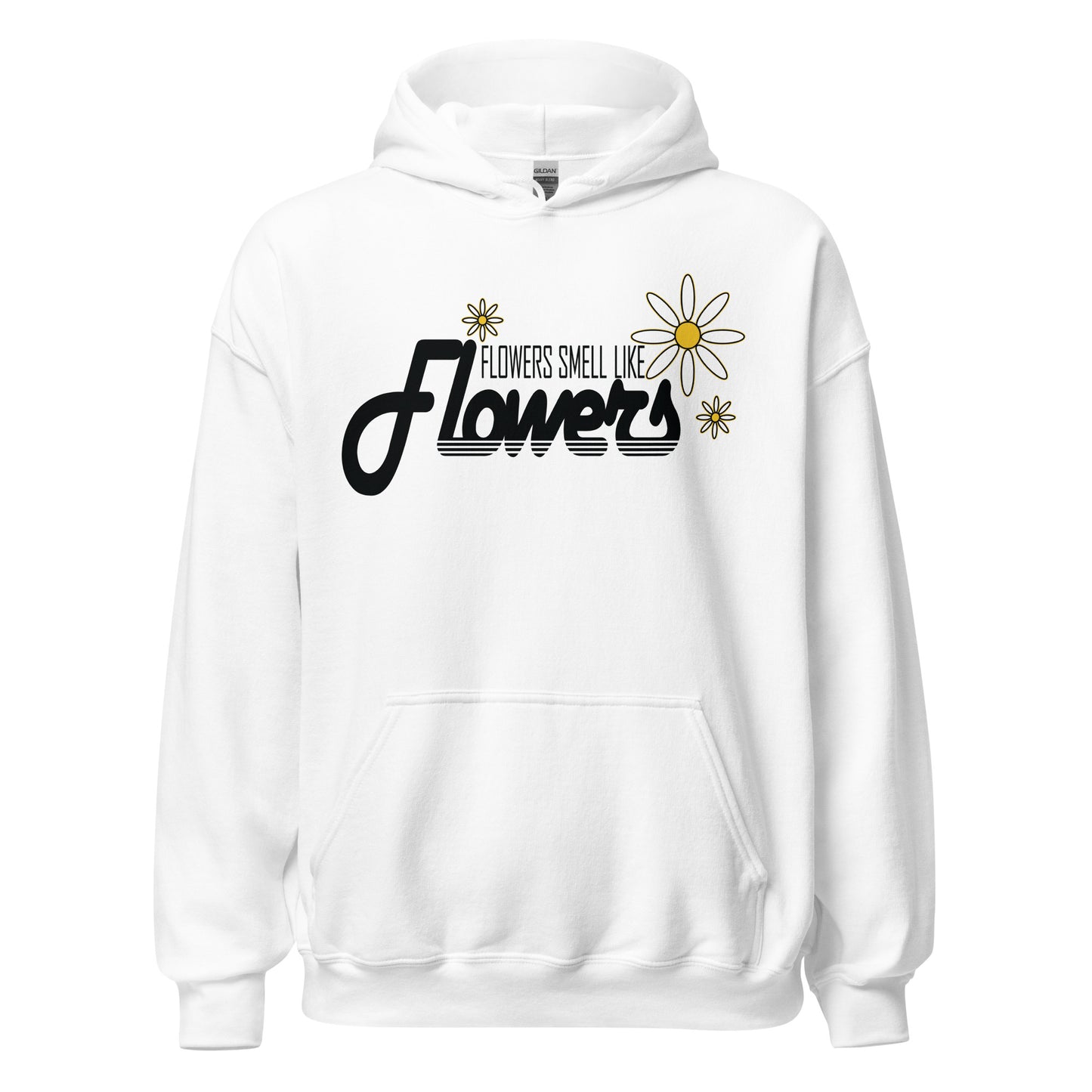 Retro-style black text with yellow-centered flower graphic on white hoodie